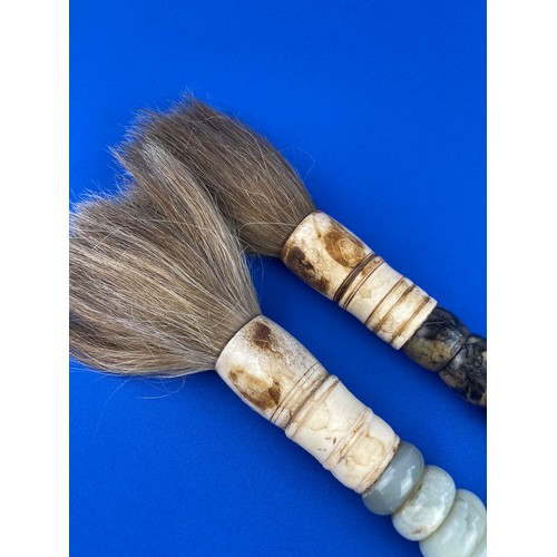 237 - Two Large Decorative Chinese Calligraphy Brushes. Bone & Jade.