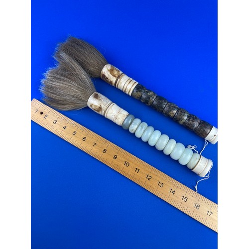 237 - Two Large Decorative Chinese Calligraphy Brushes. Bone & Jade.