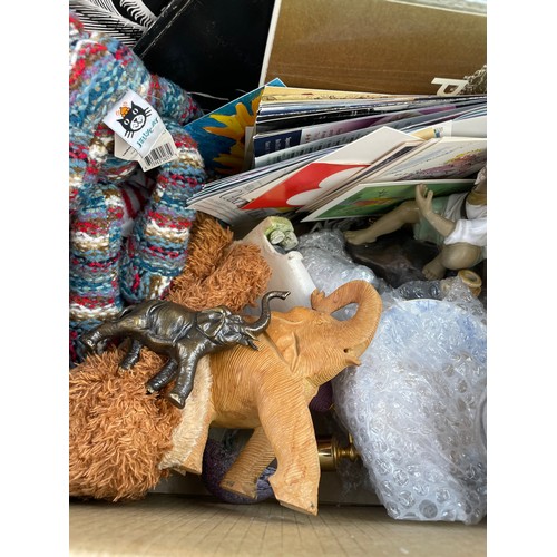 246 - Boxed Lot Including Vinyl Records, Wooden & Brass Elephants, Brooches, Beanie Babies & Rubix 360 Toy