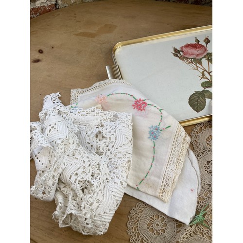 211 - Vintage Tray With Vintage Linens & Doilies