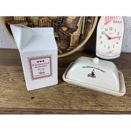 199 - Mrs. Bridges Butter Dish, Milk Jug, Anne Hathaway Chalkware Picture and Milk Clock