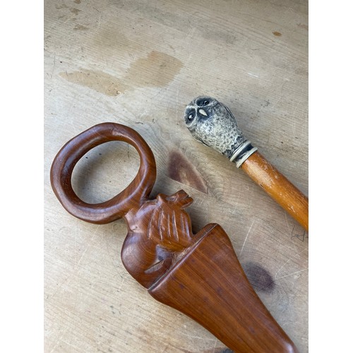 187 - Two Vintage Walking Stick. Ornate Owl Handle & Carved African Stick.