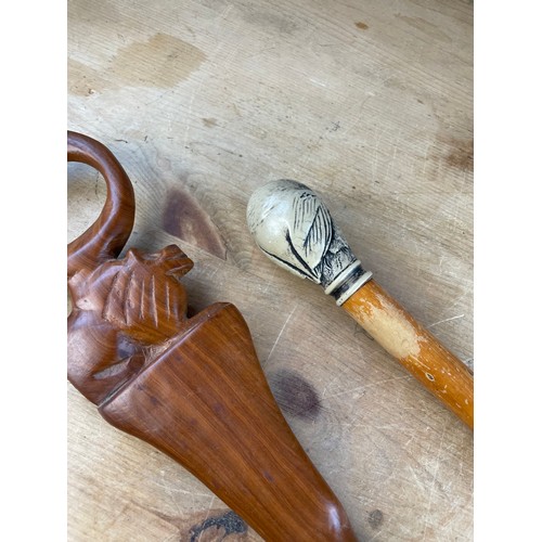 187 - Two Vintage Walking Stick. Ornate Owl Handle & Carved African Stick.