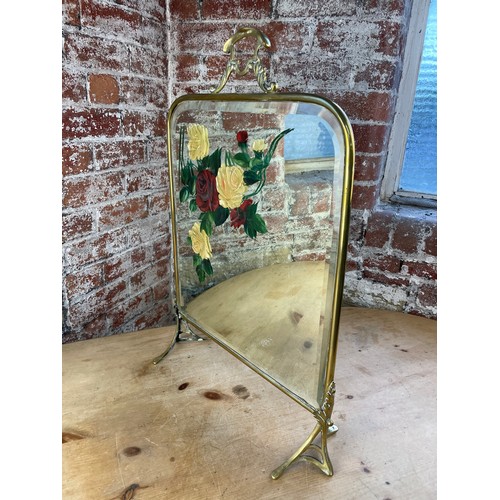 394 - Vintage Brass Mirrored Fire Screen With Hand Painted Design