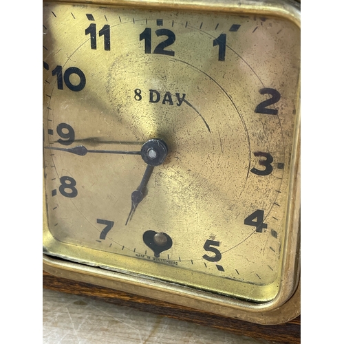 33 - Handsome Aet Decos Style Oak Mantle Clock With 8 Day Movement. Nice Heart Detail. Wurttemberg German... 