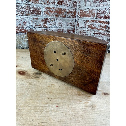 33 - Handsome Aet Decos Style Oak Mantle Clock With 8 Day Movement. Nice Heart Detail. Wurttemberg German... 