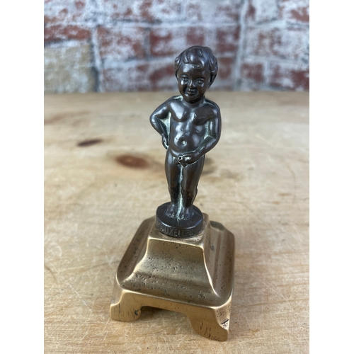 100 - Vintage Bronze Brussels Boy Statue Mounted On Brass Base