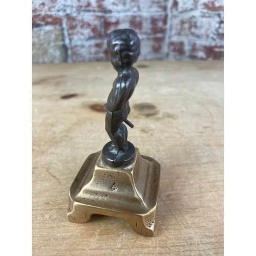 100 - Vintage Bronze Brussels Boy Statue Mounted On Brass Base