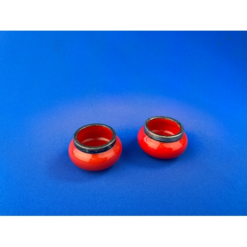 12 - Two Art Deco Sterling Silver Rimmed, Cherry Red Glass Trinket Bowls.