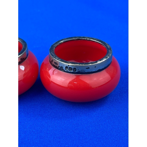 12 - Two Art Deco Sterling Silver Rimmed, Cherry Red Glass Trinket Bowls.