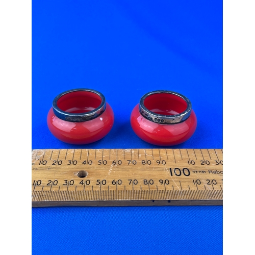 12 - Two Art Deco Sterling Silver Rimmed, Cherry Red Glass Trinket Bowls.