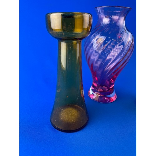 42 - Three Glass Items Inc Amber Hyacinth Vase, Candle Holder & Large Caithness Cranberry Flamenco Dawn V... 