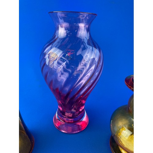 42 - Three Glass Items Inc Amber Hyacinth Vase, Candle Holder & Large Caithness Cranberry Flamenco Dawn V... 