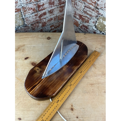 345 - Machined Aluminium Sailing Boat Lamp On Carved Wooden Plinth.