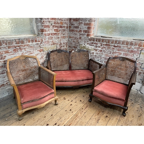 444 - Antique Bergere Rattan Sofa & Two Armchairs. Condition As Pictured