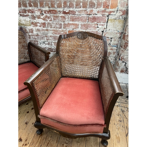 444 - Antique Bergere Rattan Sofa & Two Armchairs. Condition As Pictured