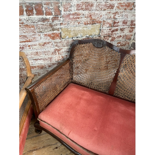 444 - Antique Bergere Rattan Sofa & Two Armchairs. Condition As Pictured