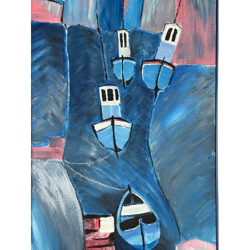 130 - Nice Original Abstract Style Painting Depicting Boats