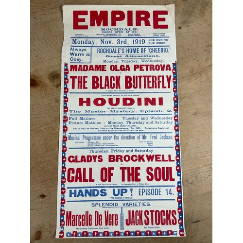 334 - Original 1919 Poster, Houdini, Olga Petrova At The Rochdale Empire November 3rd 1919.