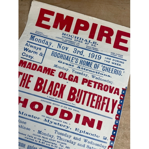 334 - Original 1919 Poster, Houdini, Olga Petrova At The Rochdale Empire November 3rd 1919.