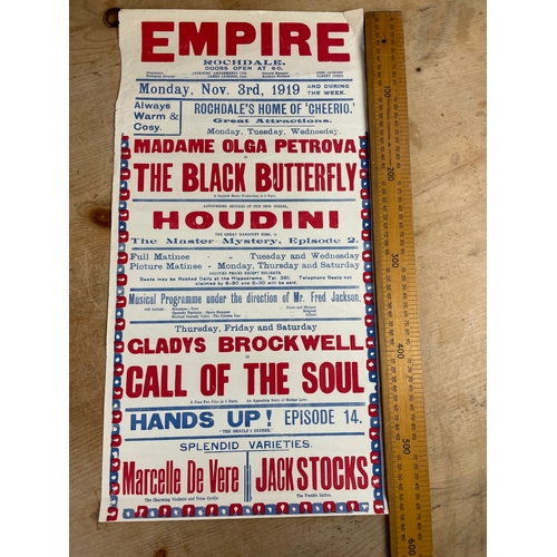 334 - Original 1919 Poster, Houdini, Olga Petrova At The Rochdale Empire November 3rd 1919.