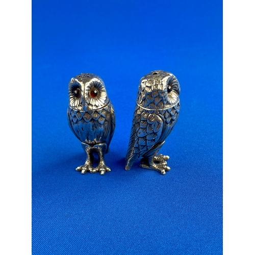 3 - Sterling Silver Owl Salt & Pepper Pots. Marked PJM Hallmark Birmingham 1992. 111g