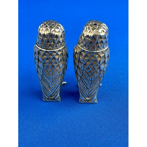 3 - Sterling Silver Owl Salt & Pepper Pots. Marked PJM Hallmark Birmingham 1992. 111g