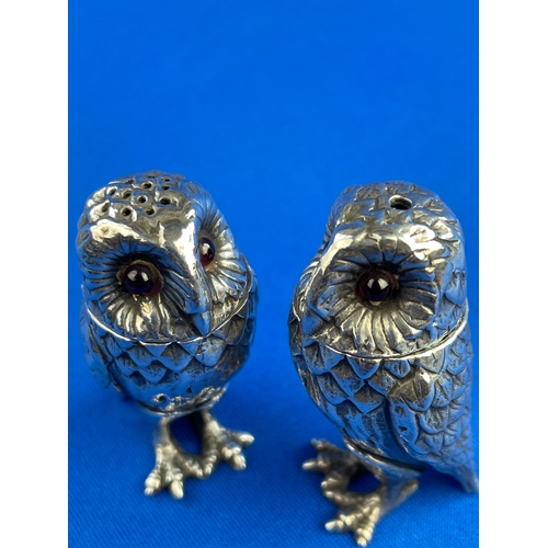 3 - Sterling Silver Owl Salt & Pepper Pots. Marked PJM Hallmark Birmingham 1992. 111g