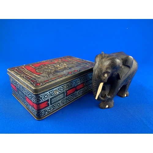 302 - Carved Wooden Elephant and Vintage Tin