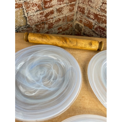 391 - Four Designer Glass Dinner Plates & Olive Wood Rolling Pin.