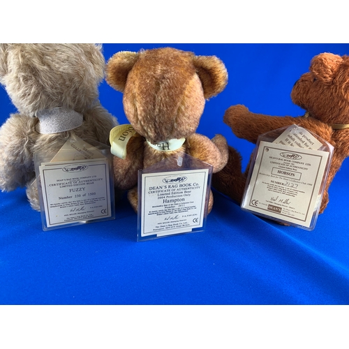 75 - 3 x Deans Rag Book Company Limited Edition Collectors Teddy Bears.  Fuzzy, Hampton and Hobson - all ... 