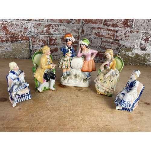 208 - Staffordshire Figure a/f & Four French Seated Mr & Mrs Figures.