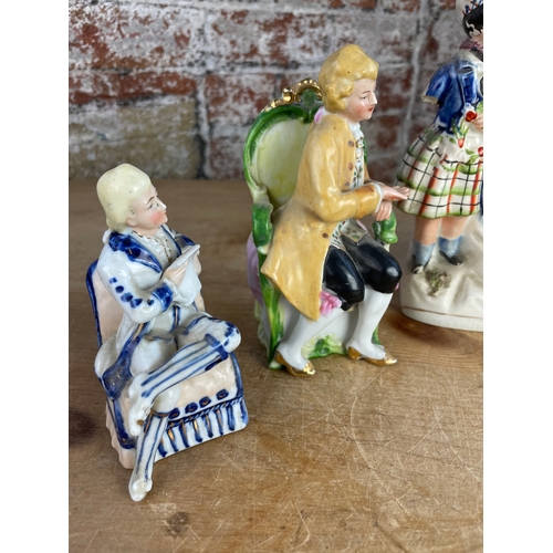 208 - Staffordshire Figure a/f & Four French Seated Mr & Mrs Figures.