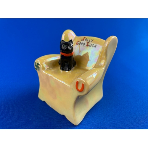 181 - Early (Pre War) Carlton Ware Good Luck Cat On A Chair With Good Fortune Swastik Symbol