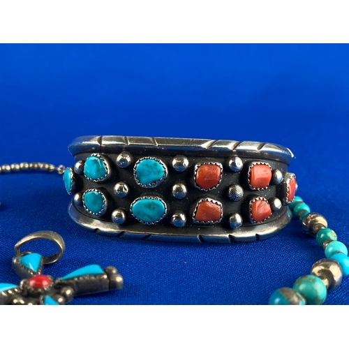 4 - Silver Turquoise and Coral Jewellery Items inc. Cuff, Pendant, Necklace etc. 77g gross