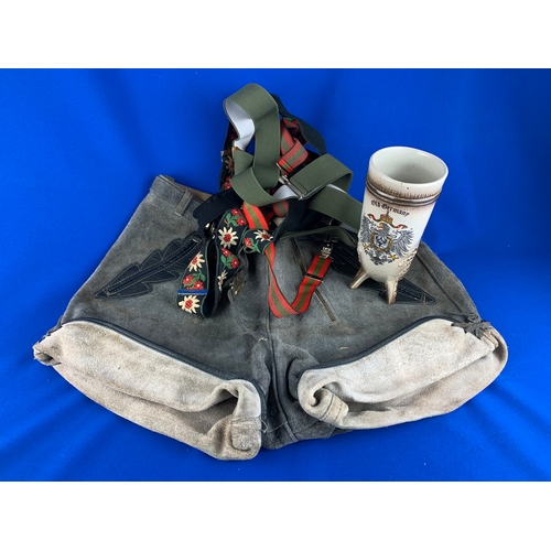 288 - Suede Lederhosen Braces and Ceramic German Drinking Horn