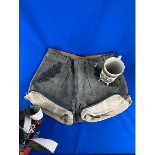 288 - Suede Lederhosen Braces and Ceramic German Drinking Horn