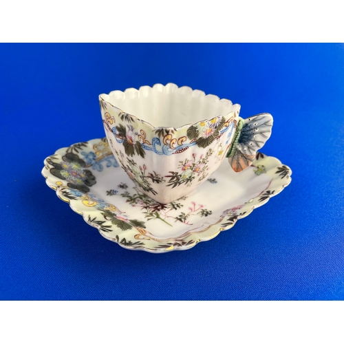 180 - Antique Oriental Butterfly Handle Cup & Saucer, Nice Diamond Shape. Signed.