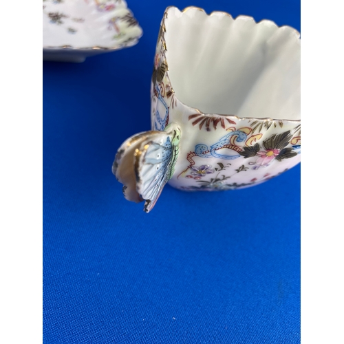 180 - Antique Oriental Butterfly Handle Cup & Saucer, Nice Diamond Shape. Signed.