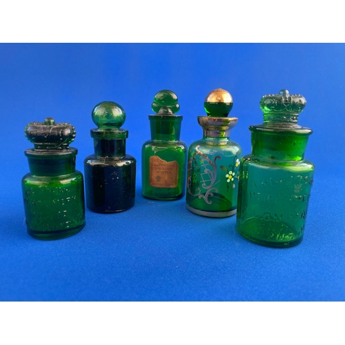 49 - Antique & Vintage Green Glass Perfume & Ink Bottles Inc. The Crown Perfumery & Boots Lavender Shelli... 