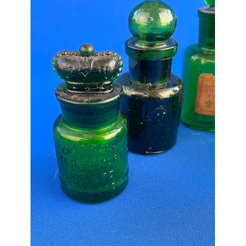 49 - Antique & Vintage Green Glass Perfume & Ink Bottles Inc. The Crown Perfumery & Boots Lavender Shelli... 