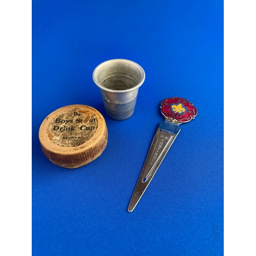 265 - Two Vintage Boy Scout Items. Boxed Drink Cup & UK Contingent 1957 Centenary Book Mark.