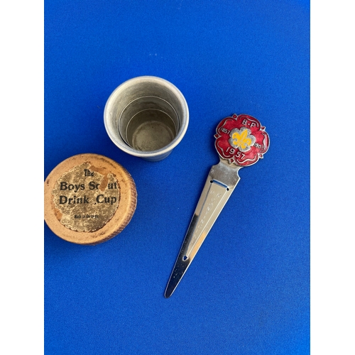 265 - Two Vintage Boy Scout Items. Boxed Drink Cup & UK Contingent 1957 Centenary Book Mark.