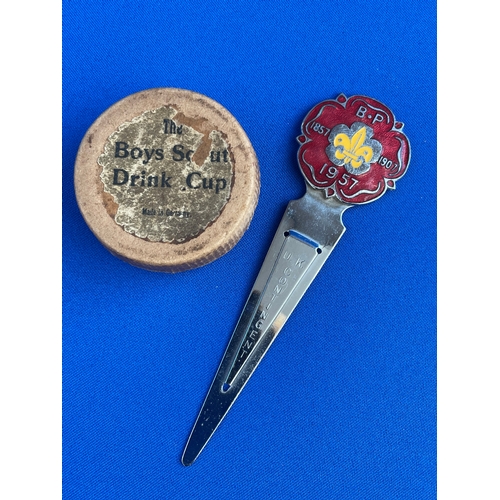 265 - Two Vintage Boy Scout Items. Boxed Drink Cup & UK Contingent 1957 Centenary Book Mark.