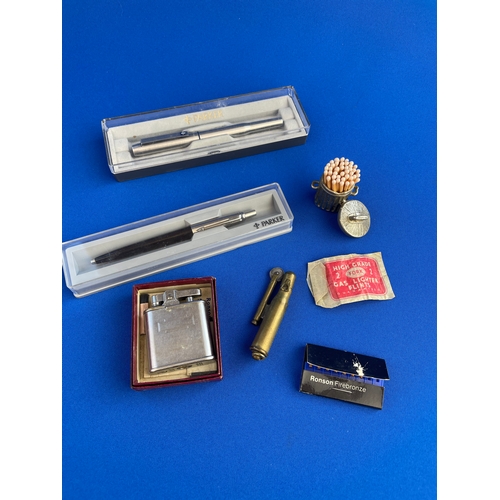 266 - Vintage Boxed Parker Pens, Lighters & Bin Match Holder.