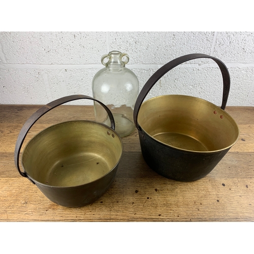 239 - Medium and Large Heavy Brass Jam Pans and Carboy/Demijohn