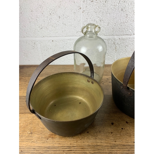 239 - Medium and Large Heavy Brass Jam Pans and Carboy/Demijohn