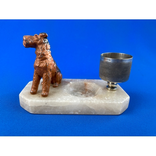 283 - Art Deco Marble Ashtray With Cold Painted Spelter Terrier & Plated Match Holder & Striker.