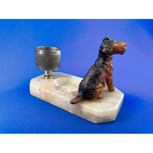 283 - Art Deco Marble Ashtray With Cold Painted Spelter Terrier & Plated Match Holder & Striker.