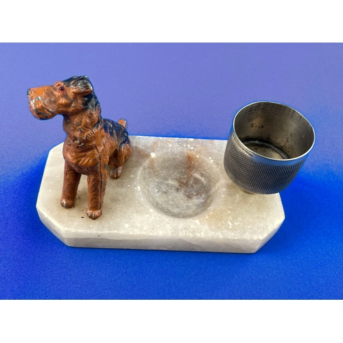 283 - Art Deco Marble Ashtray With Cold Painted Spelter Terrier & Plated Match Holder & Striker.